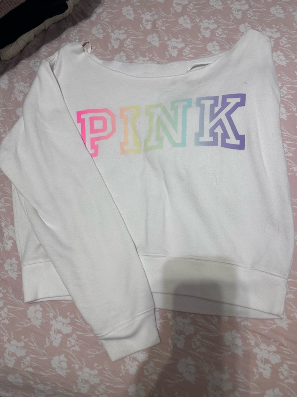 PINK Victoria's Secret White Sweatshirt with Pastel Rainbow Logo